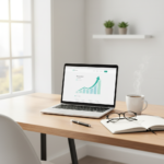 Modern home office setup for a beginner starting an affiliate marketing business, featuring a laptop showing website growth metrics.