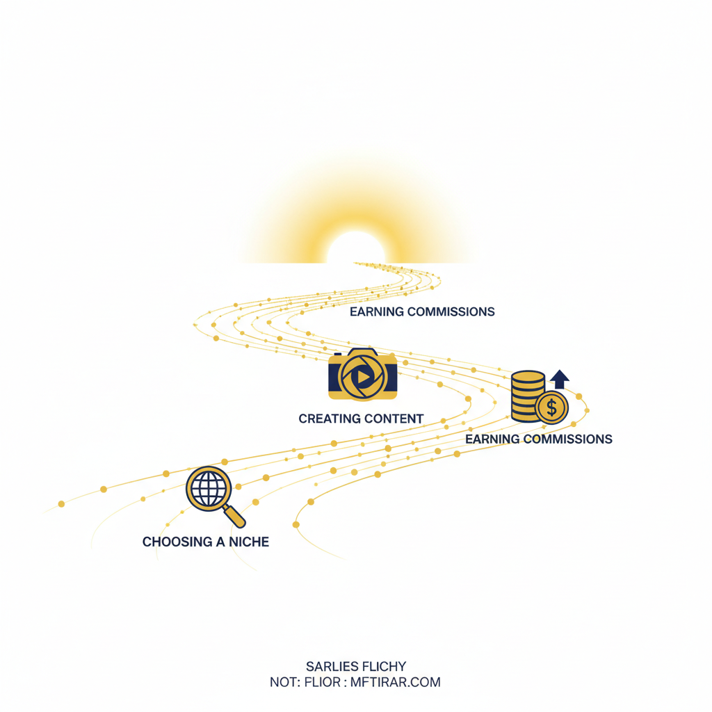 A visual roadmap of the affiliate marketing journey, showing the path from niche selection to earning commissions in a clean flat-design style.