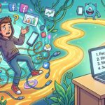 A confused beginner marketer surrounded by a chaotic swirl of tech devices and marketing icons, finding a clear, bright pathway leading to a simple, organized workspace.