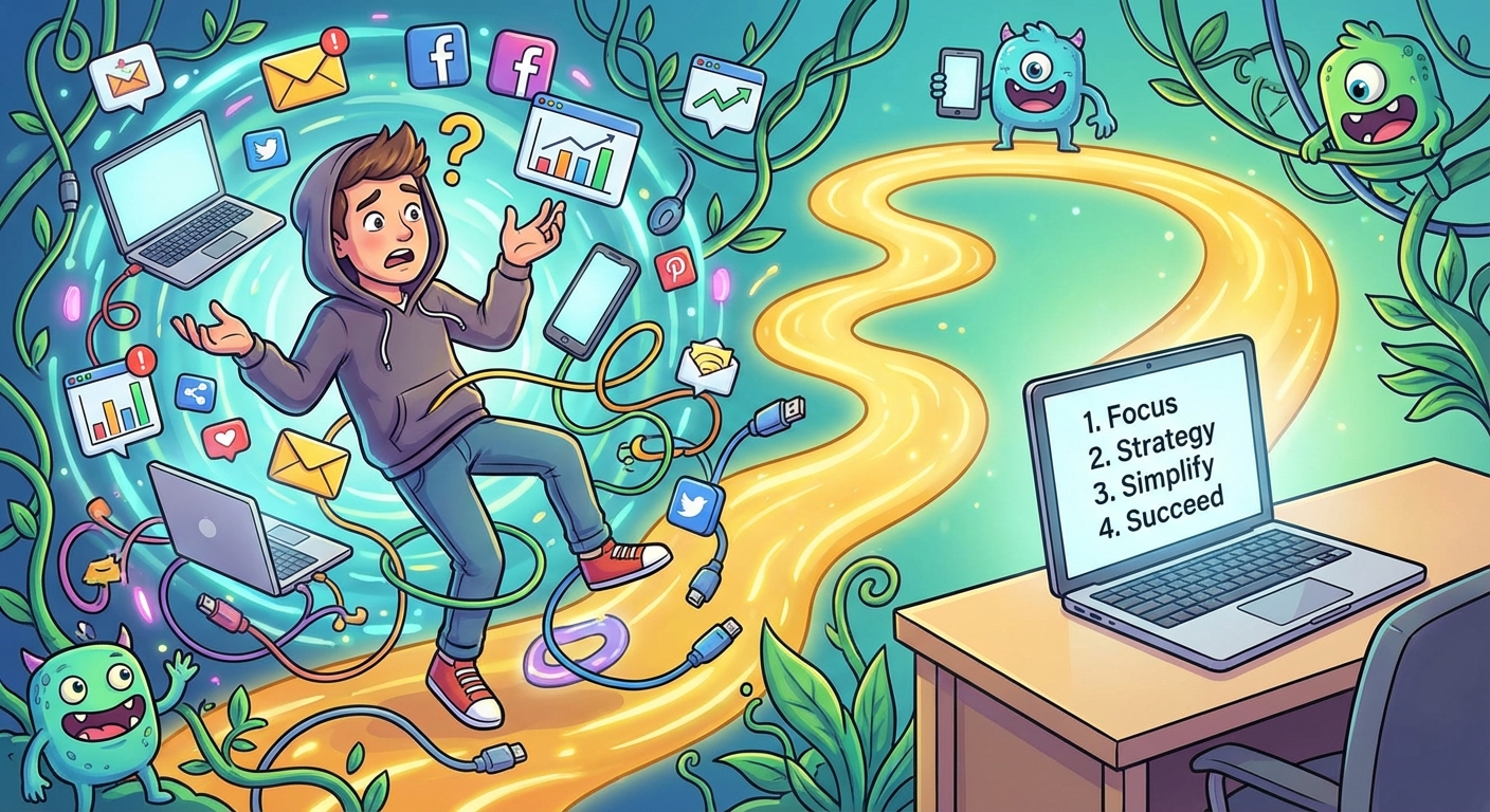 A confused beginner marketer surrounded by a chaotic swirl of tech devices and marketing icons, finding a clear, bright pathway leading to a simple, organized workspace.