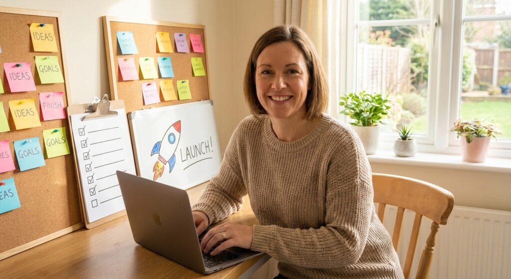 An enthusiastic beginner working at a laptop with motivational checklists, sticky notes, and a rocket icon symbolizing launching an online business for the first time.