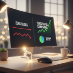 A modern home office desk featuring a computer monitor showing an analytics dashboard with a rising growth graph, next to a glowing 3D 'Click' icon, representing an improved affiliate link click through rate.