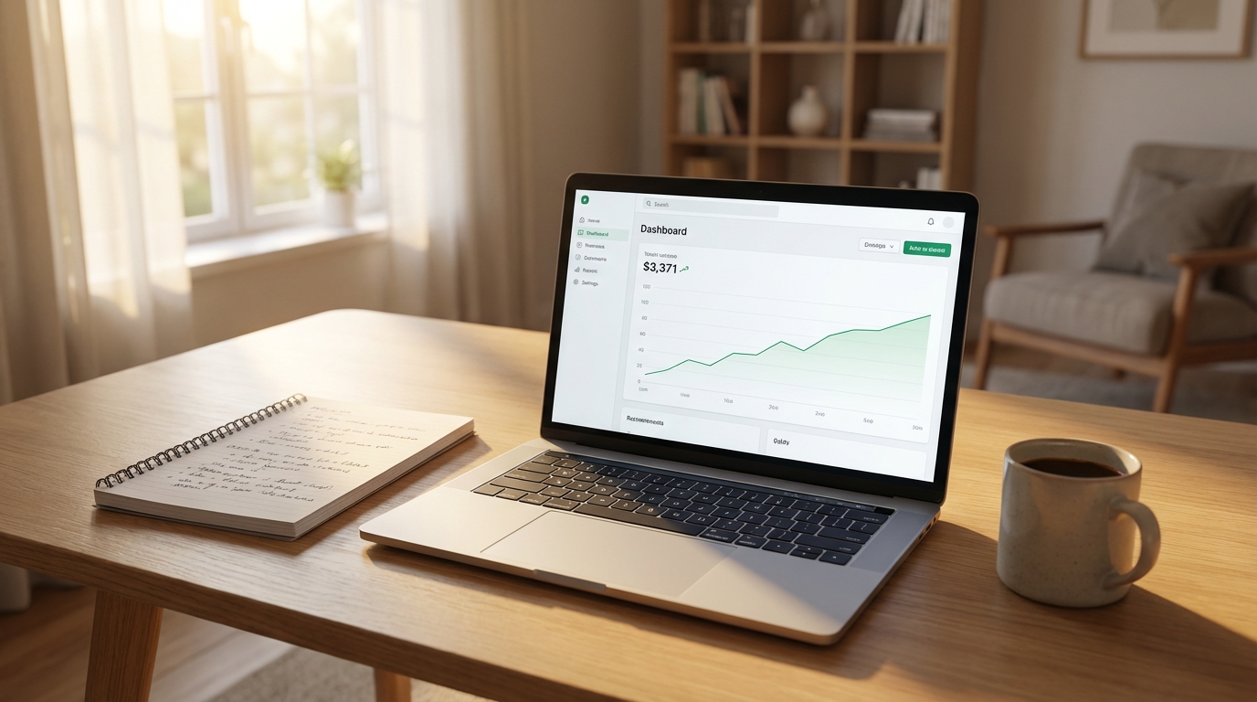 A photorealistic close-up of a modern home office desk featuring an open laptop with a green upward-trending analytics dashboard, a handwritten notebook, and a ceramic coffee cup, softly lit in a cozy setting.