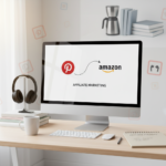 Modern desktop workspace showing Pinterest and Amazon logos connected by an arrow, surrounded by pin icons and product images, with a notepad labeled 'Affiliate Strategy'.