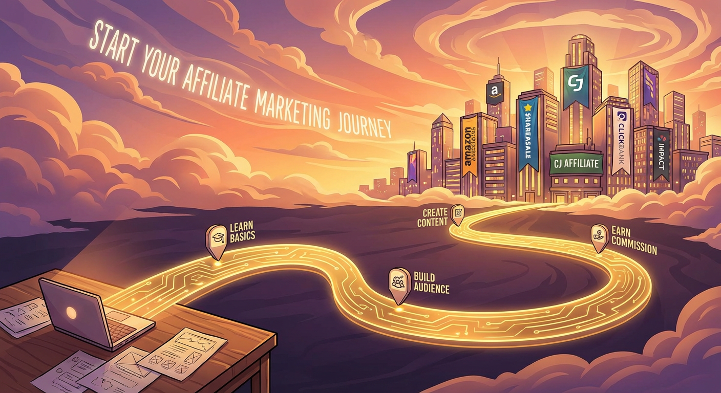 Inspiring hero illustration of the affiliate marketing journey, showing a glowing path from a laptop to a cityscape filled with top affiliate network banners like Amazon Associates, CJ Affiliate, ClickBank, and ShareASale