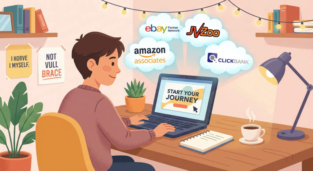 Beginner affiliate marketer starting their journey at a laptop with top affiliate network logos including eBay, Amazon Associates, JVZoo, and ClickBank