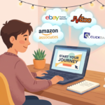 Beginner affiliate marketer starting their journey at a laptop with top affiliate network logos including eBay, Amazon Associates, JVZoo, and ClickBank