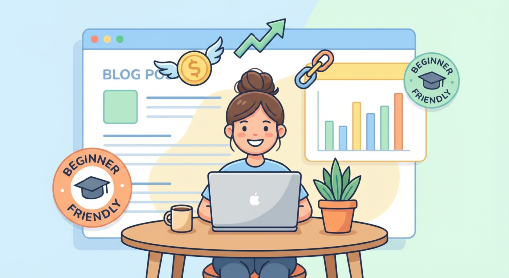 Illustration of a cheerful blogger working on a laptop with icons representing affiliate marketing, such as dollar signs, growth charts, links, and "Beginner Friendly" badges, set in a cozy workspace.