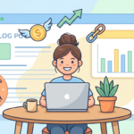 Illustration of a cheerful blogger working on a laptop with icons representing affiliate marketing, such as dollar signs, growth charts, links, and "Beginner Friendly" badges, set in a cozy workspace.