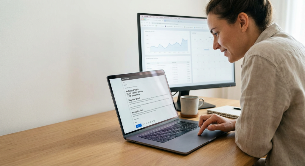 Online creator sending a structured affiliate partnership email with audience metrics and a clear promotion plan on their laptop.