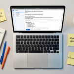 Flat-lay of a laptop and notepad showing a structured affiliate application email with metrics and promotion plans.