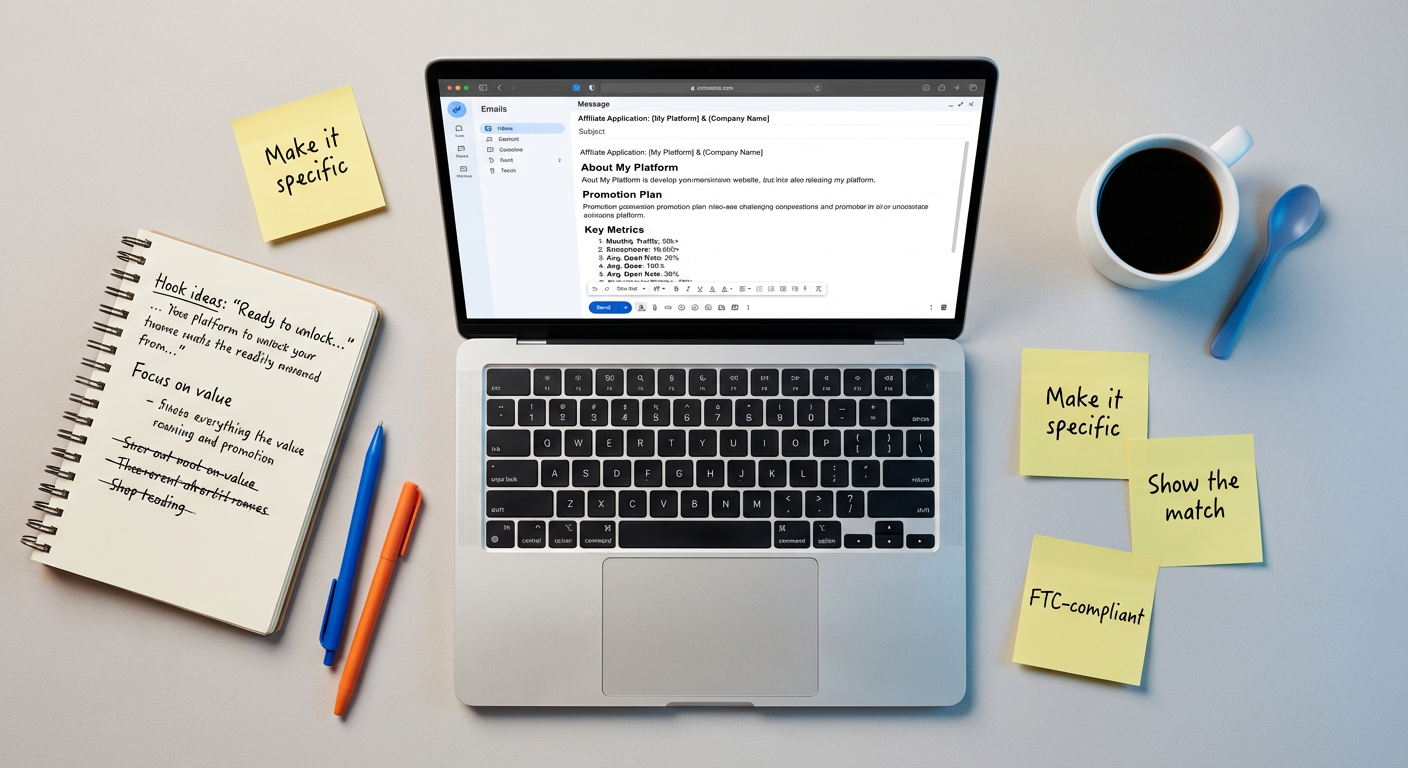 Flat-lay of a laptop and notepad showing a structured affiliate application email with metrics and promotion plans.